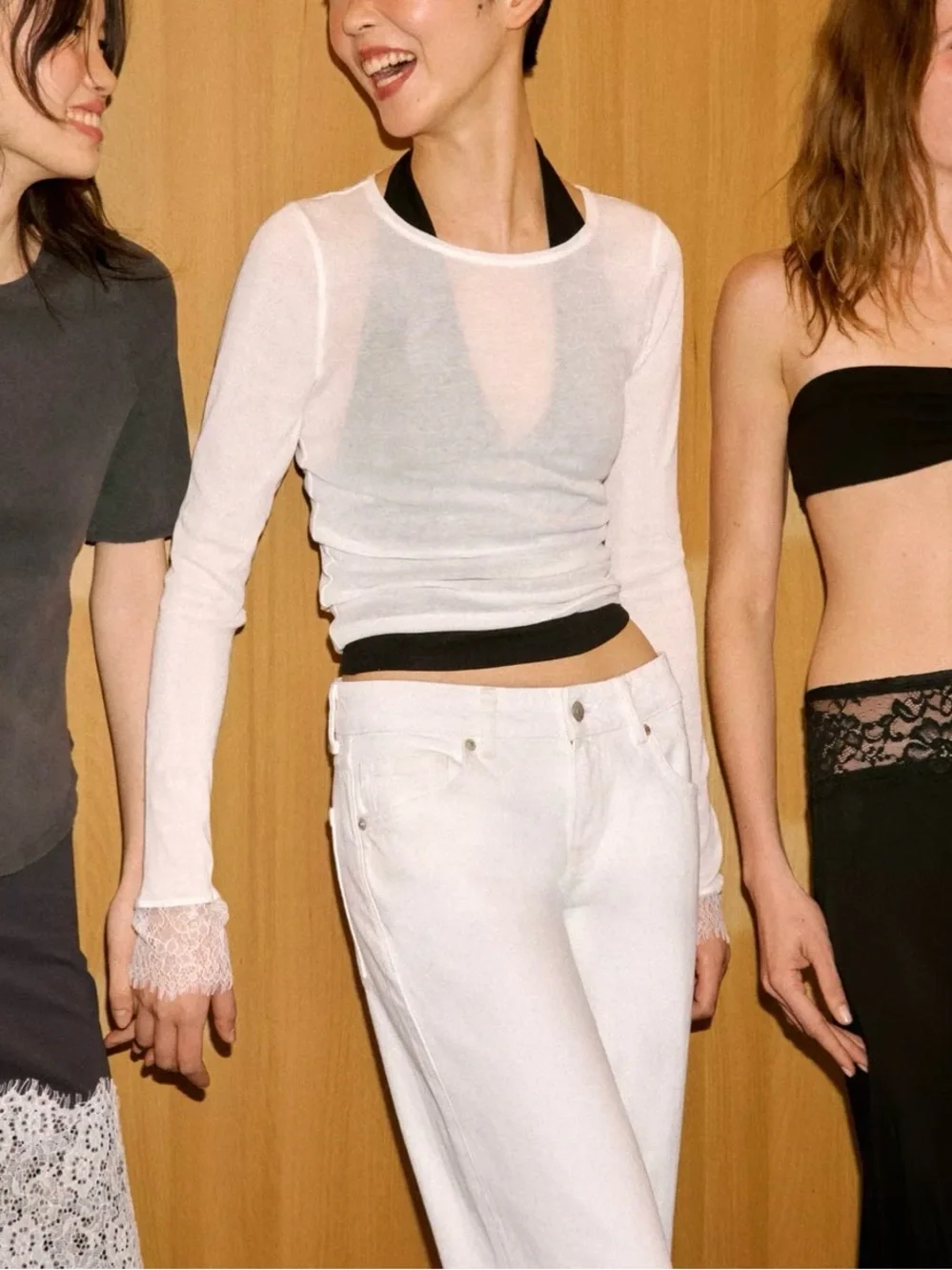 NWT ZARA SHEER LACE CUFF TOP